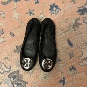 Tory Burch Black Leather Flats with Silver Logo